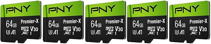 PNY 64GB Premier-X Class 10 U3 V30 microSDXC Flash Memory Card 5-Pack - 100MB/s, Class 10, U3, V30, A1, 4K UHD, Full HD, UHS-I, Micro SD