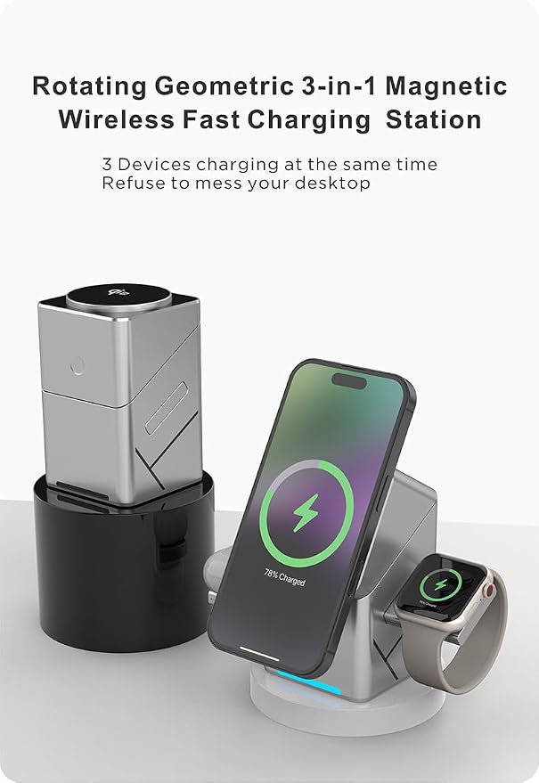 Charger Stand,for iPhone 17 Wireless Charger, 3-in-1 Cube Compatible with MagSafe, 15W Foldable Fast Charging Stand, for iPhone 16/15/14/13, Apple Watch 1-8/Ultra, AirPods Compatible with Samsung