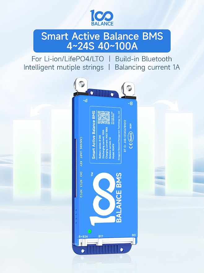 DALY BMS 80A 4S - 8S Built in Bluetooth 1A Active Cell Balancing RS485 CAN for 12V - 24V LiFePO4/Li - ion/LTO Battery Packs Perfect for RV, Portable Power Station, Trolling Motor