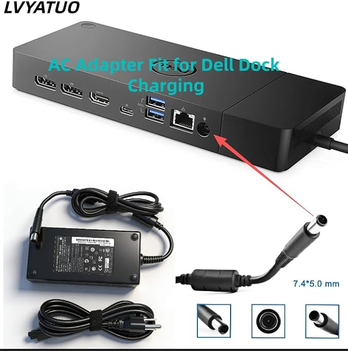 180W AC Charger Compatible with Dell Dock WD15 WD19 WD19S UD22 WD25 SD25 D6000 D6000S K20A K17 K22A Thunderbolt TB16 TB15 K16A WD22TB4 SD25TB4 WD19TB WD19TBS Docking Station Power Adapter