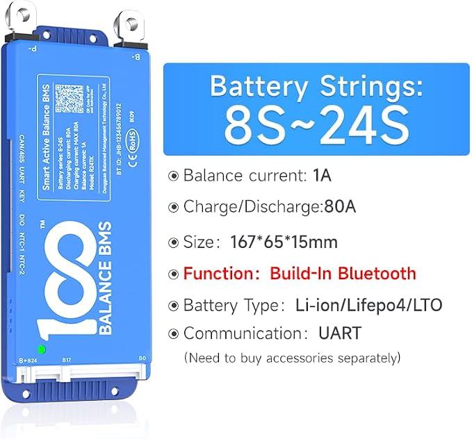 100BALANCE BMS 80A Active Balance 1A 8S-24S Build in Bluetooth Cell Balancing Smart PCB Battery Protection Board for Li-ion/Lifpo4/LTO Lithium Battery Pack