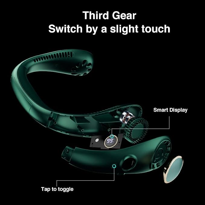 Hanging Neck Fan, Portable Bladeless Fan with 360 Degree Cooling, Hands-Free Design, Fast Cooling for Outdoor Use, 2000mAh Battery Operated (Green)