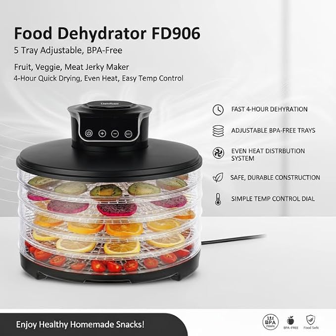Food Dehydrator DryLite 245 – 5 Tray Adjustable, BPA-Free – 4-Hour Quick Drying, Even Heat, Easy Temp Control – Fruit, Veggie, Meat Jerky Maker (Black)
