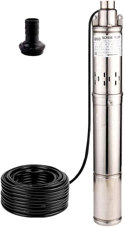 1HP 3" OD Pipe Stainless Steel Submersible Deep Well Pump 328FT 1" Outlet 0.75KW 80mm Bore Screw Water Pumps for Industrial and Home Garden Use,220V/50Hz