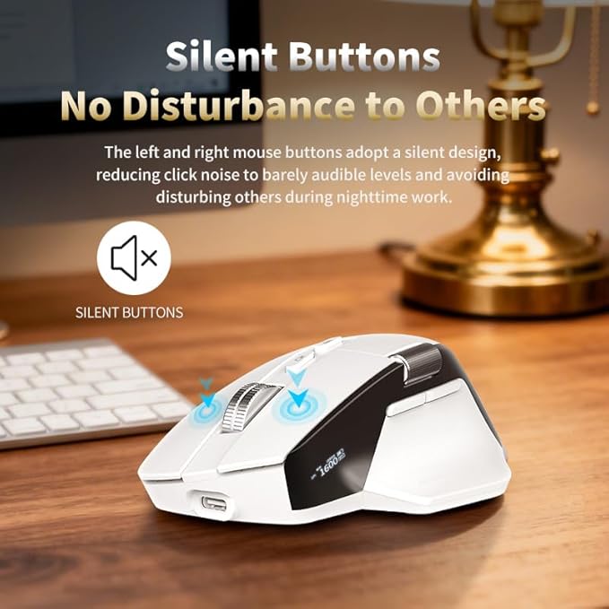 Ergonomic Wireless Mouse with Infinite Scroll & Side Scroll Wheel, Bluetooth & 2.4G Rechargeable Office Mouse, 5-Device Multi-Connection, OLED Display, PixArt 3220 Sensor for Laptop PC Mac (White)