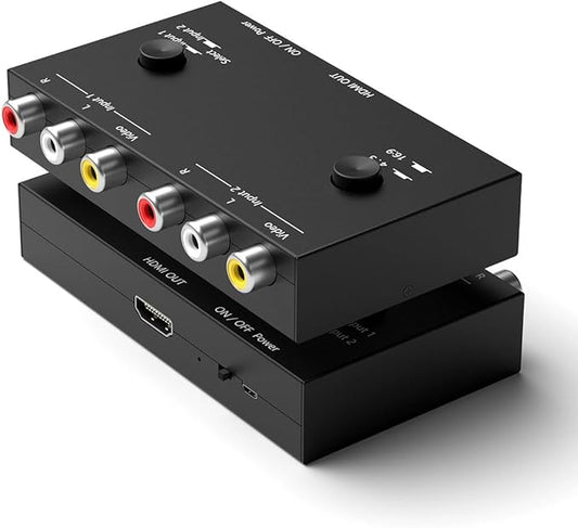 2 Port RCA to HDMI Converter, Dual AV to HDMI Converter Supports 16:9/4:3 Composite to HD MI Adapter Support 1080P PAL/NTSC Compatible with Sega/Xbox/PS1/PS2/PS3/WII/N64/VHS, VCRs, and DVD Players