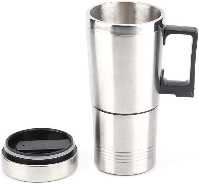 Qiilu Car Electric Kettle, 12V 350ml+150ml Stainless Steel Portable Car Electric Heating Mug Drinking Cup Travel Kettle Water Boiler for Water Tea Coffee Milk