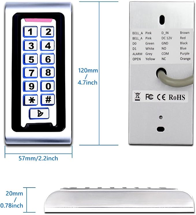 Door Access Control System Stand-Alone Password Keypad + 5PCS Proximity Keychains, Support 2000 Users Card Reader, Weatherproof, Backlight, Zinc Alloy Metal Case, for Garage Door, Gate Opener