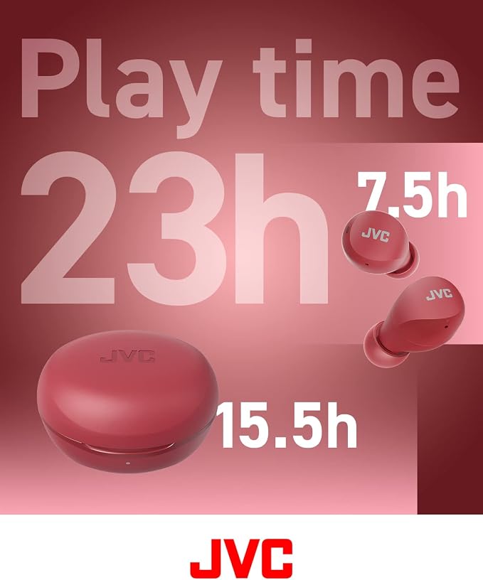 JVC Compact and Lightweight Gumy Mini True Wireless Earbuds Headphones, Long Battery Life (up to 23 Hours), Sound with Neodymium Magnet Driver, Water Resistance (IPX4) - HAA6TR (Red)
