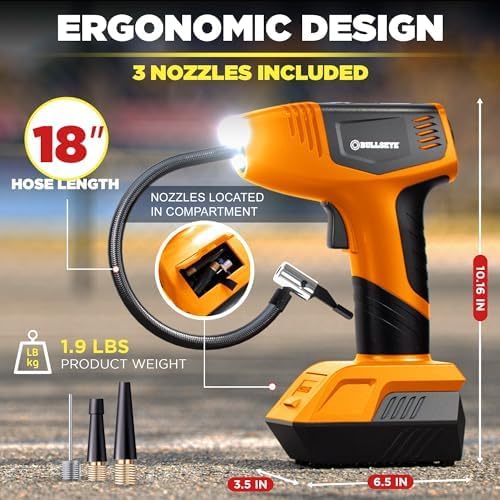 EMSON Bullseye Pro ASON TV Digital Tire Inflator Automatic 150 PSI w/Gauge Display Screen & Pre-set Pressure in KPA,PSI,BAR,Kg/cm,Built-in LED Lights,Rechargeable,Air Compressor,Car Tire Pump,Orange