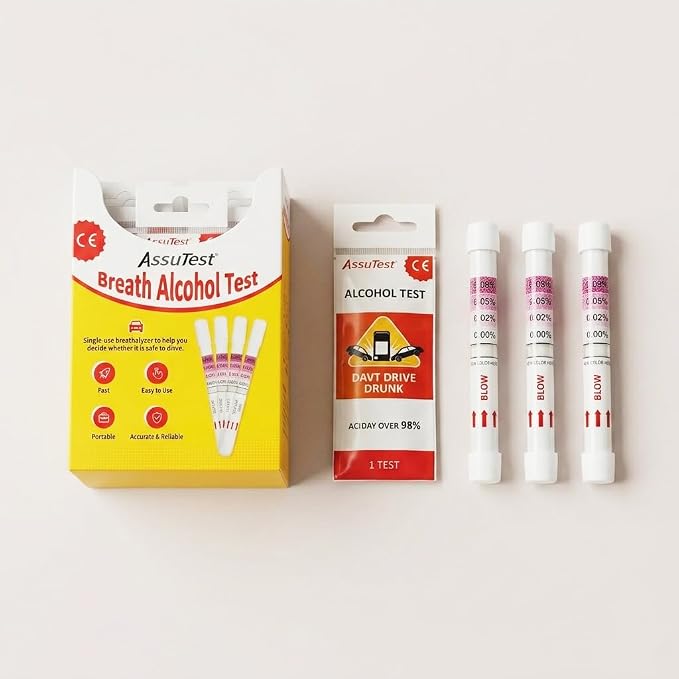 AssuTest Disposable Breathalyzer (25 Pack) - Accurate Single-Use Alcohol Breath Test Kit, Portable Alcohol Tester for Drivers and Social Events | Pocket-sized, single-use breathalyzer. Snap, blow, view! Instant battery-free results. No calibration, avo...