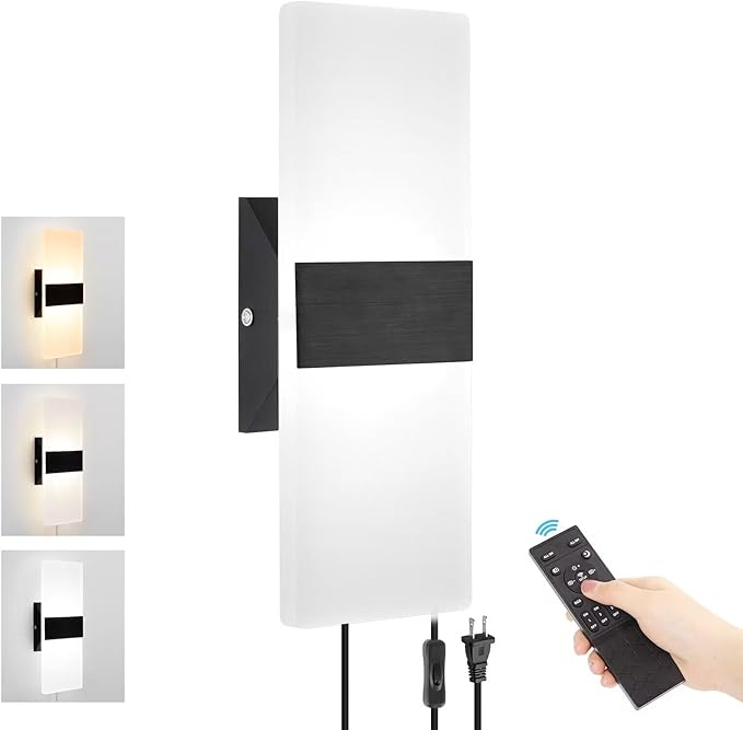 GOODATE Plug in Wall Sconce with Stepless Adjustable 3000K-6500K Colors and 10%-100% Brightness, 12W Acrylic LED Wall Light with Remote, Hardwire or Plug-in (1 Pack, Black)