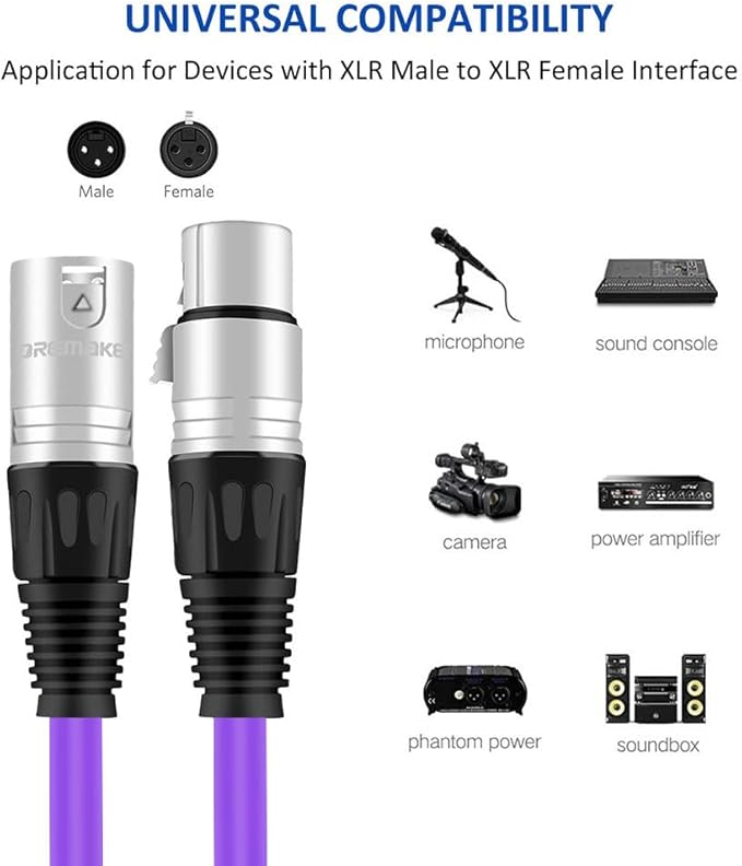 DREMAKE 16.5 FT Low Z XLR Male to XLR Female 3 Pin Speaker Snake Patch Cord XLR to Microphone Cable for Recording, Stage, Most Demanding Studio/Broadcast Use - Purple