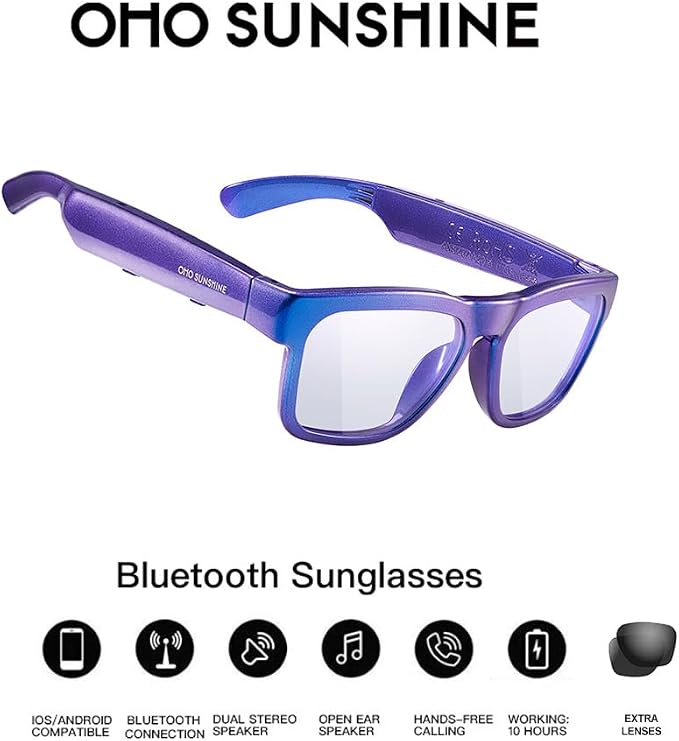 OhO sunshine Bluetooth Audio Sunglasses, Lightweight Open Ear Sport Glasses, 10H Playtime,Water Resistant with Voice Control
