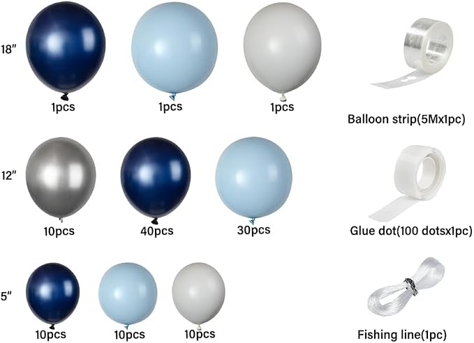 Restaurantware-Balloonify Balloon Garland Set, 1 Party Decoration Kit - 113 Balloons, With Chain, Navy, Sky Blue, & White Latex Balloon Arch Kit, Includes Glue Dots