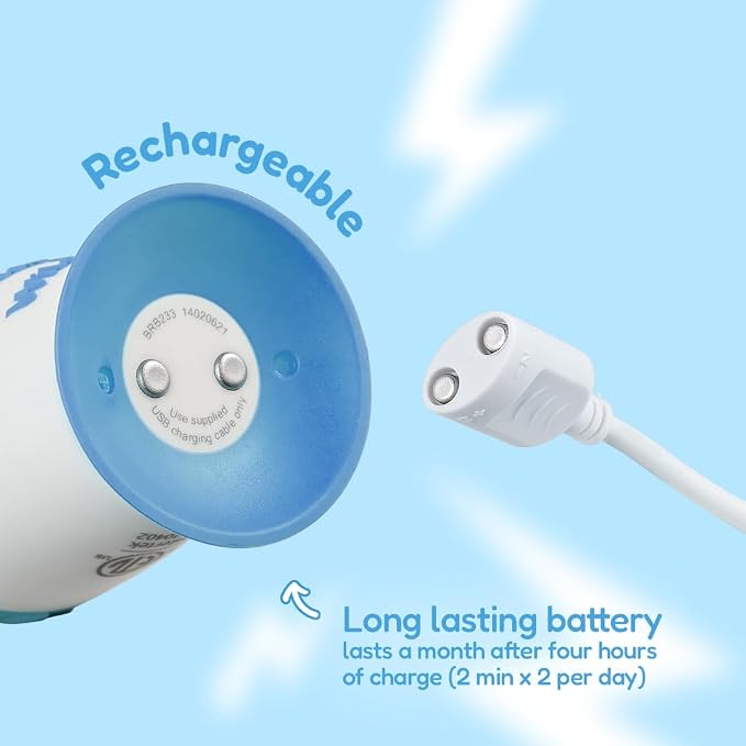 brush-baby WildOnes Kids Electric Rechargeable Toothbrush Elephant, 1 Handle, 3 Brush Heads, USB Charging Cable, for Ages 0-10 (Elephant)