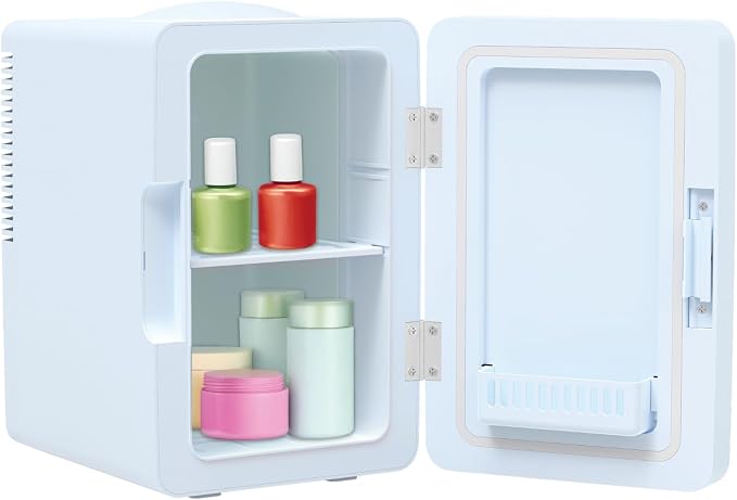 ELLE 6L Mini Cooler Fridge with LED Makeup Mirror for Skincare & Cosmetic Storage Cooler & Warmer Removable Shelf Carrying Handle AC DC Power Options Small Refrigerator for Bedroom Car Office Blue