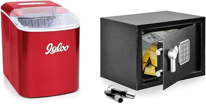 Igloo 26-lb Automatic Electric Countertop Ice Maker, 9 Cubes in 7 Mins & SereneLife Digital Safe & Lock Box for Cabinets, Home, Office, or Hotels, 12.2" x 7.8