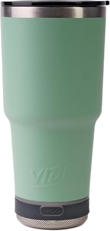 Vibe 28 oz Tumbler with Bluetooth Speaker, Insulated Stainless Steel Travel Cup with Lid, Hot & Cold Drink Beverage Container, Removable Speaker with Microphone, Rubber Base, Seafoam