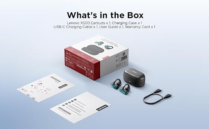 Lenovo Open Ear Clip On Earbuds X500 Bluetooth 6.0 Wireless Earbuds with 11 mm Drivers, Open Ear Ergonomic Design, Dual Device Connectivity, Built in Mic, Fast Charge, White
