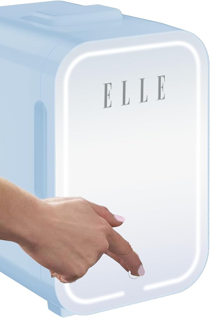 ELLE 8L Mini Cooler Fridge with LED Makeup Mirror for Skincare & Cosmetic Storage Cooler & Warmer Removable Shelf Carrying Handle AC DC Power Options Small Refrigerator for Bedroom Car Office Blue