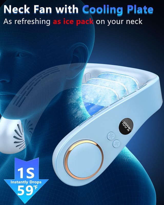Portable Neck Fan Cooling Plate,Personal Fan Neck Hang Around,Powerful Airflow Shoulder Cooler,Fans To Wear Around Your Neck,Summer Menopause Fan Hot Flash Best Gifs for Outdoor Outside Indoor Blue
