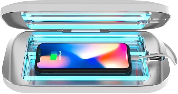 PhoneSoap Pro UV Smart Phone Sanitizer & Universal Cell Phone Charger Box | Patented & Clinically Proven 360-Degree UV-C Disinfection | Disinfects and Charges All Phones (White)
