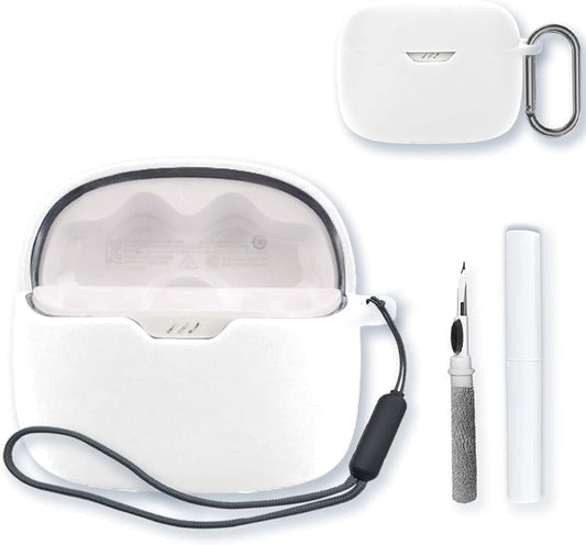 Case for JBL Tune 245NC TWS-True Wireless Earbuds,Soft Protective,BOVUGAC Silicone Case Cover with Keychain & Cleaning Kit & Lanyard for JBL Tune 245NC TWS Earbuds-White