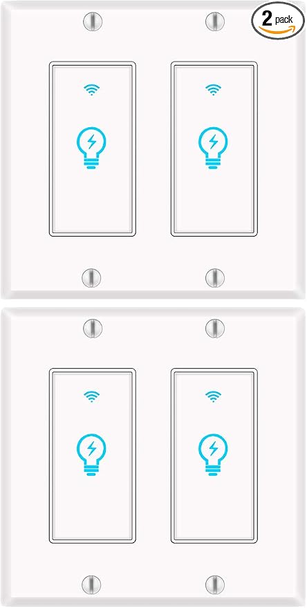 Smart Light Switch, Compatible with Alexa, Google Home IFTTT, App and Voice Control, Timing Function, No Hub Required, Suitable for 2/3/4 Box, Neutral Wire Needs MICMI, 2 Gang 2 Pack