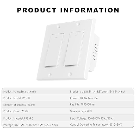 Smart Switch 2 Gang, Neutral Wire Required, 2.4GHz Wi-Fi Light Switch Compatible with Alexa and Google Home, UL Certified