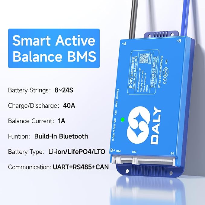 DALY BMS 40A 8S - 24S Built in Bluetooth 1A Active Cell Balancing RS485 CAN for 24V - 72V LiFePO4/Li - ion/LTO Battery Packs Perfect for Golf Cart, Home Energy System, E - Bike