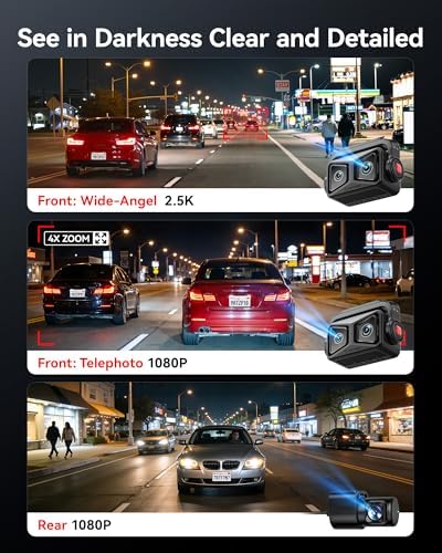 REDTIGER ZoomPix1 & Acc, Dash Cam Front and Rear, Telephoto+Wide Front Lenses for 100ft Plate Recognition, 4X Zoom, Dual STARVIS 2, 2K+1080P Recording, HDR Night Vision, 5.8GHz WiFi, Voice Control