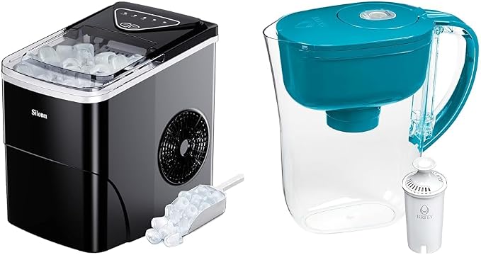 Silonn Ice Maker Countertop & Brita Water Filter Pitcher for Tap and Drinking Water with SmartLight Filter Change Indicator + 1 Standard Filter