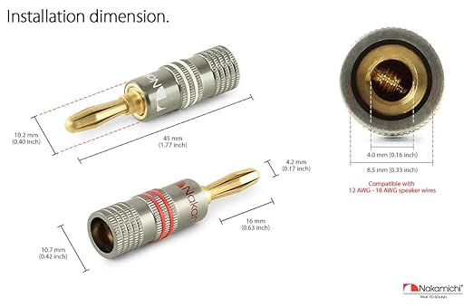 Nakamichi Ultimate Series 24K Gold Plated Beryllium Red Copper Banana Plug 12-18 AWG Gauge Size 4mm Connector for Speakers Wire Amplifiers Hi-Fi Sound Systems (36 Pcs (18-Pairs), Banana Plugs)