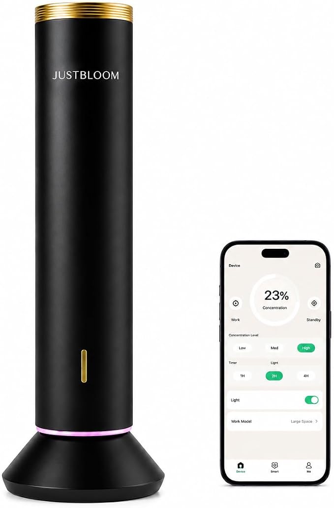JustBloom Waterless Essential Oil Diffuser, 4000 Sq Ft, App Control, Black | 360° diffusion nozzle, 3-color ambient light, 5000mAh battery and tip-over protection for large rooms, home and office.