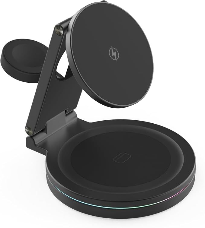 Foldable 360º Rotatable Zinc Alloy 3-in-1 Magnetic Wireless Charger, Charging Station, Charging Stand,15W for iPhone 12-17,5W for Apple Watches,AirPods(Adapter Included) (Black)