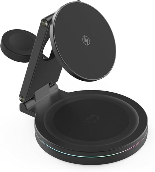 Foldable 360º Rotatable Zinc Alloy 3-in-1 Magnetic Wireless Charger, Charging Station, Charging Stand,15W for iPhone 12-17,5W for Apple Watches,AirPods(Adapter Included) (Black)
