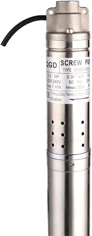 1/2HP Stainless Steel 2" OD Pipe Submersible Bore Pump 1/2 inch Outlet Water Pump 220-240V, 50Hz, Deep Well Pump Screw Submersible Water Pump for Industrial and Home Use