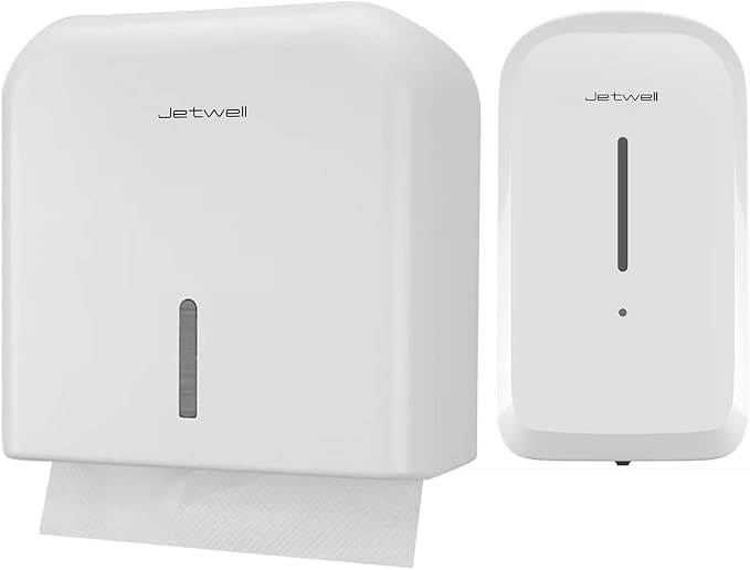 JETWELL Automatic Touch-Less Wall Mount Soap Dispenser and Multifold Paper Towel Dispenser White