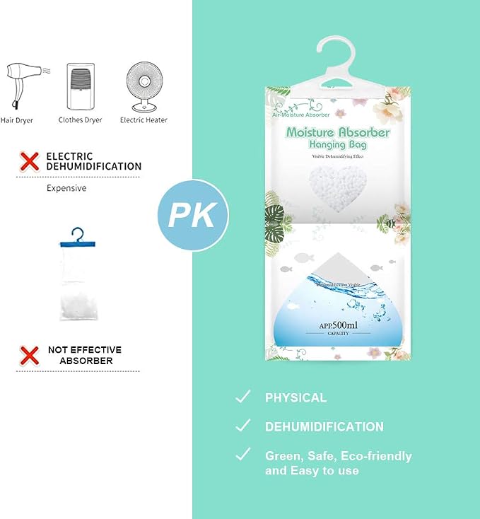 CANAGER Hanging Moisture Absorber-12 Packs, Hanging Dehumidifier Bags for Closet,Bedroom and kitchen,Fragrance Free,Moisture Absorb 12.5OZ
