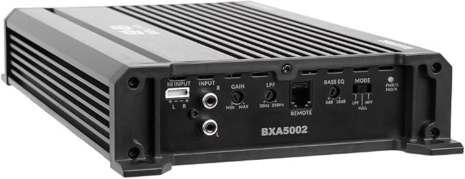 Belva BXA5002 500W Peak BX-Series 2-Ohm Stable Class-A/B 2-Channel Car Audio MOSFET Amplifier with Remote Subwoofer Level Control