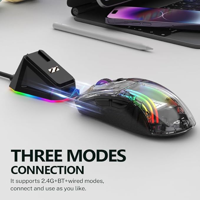 Wireless Gaming Mouse with Transparent RGB Mechanical, Tri-Mode 2.4GHz/Bluetooth/Wired Mouse, Charging Base, Digital Display,Silent Mice, 7 Buttons, Computer Mouse for Gaming and Esports (Black)