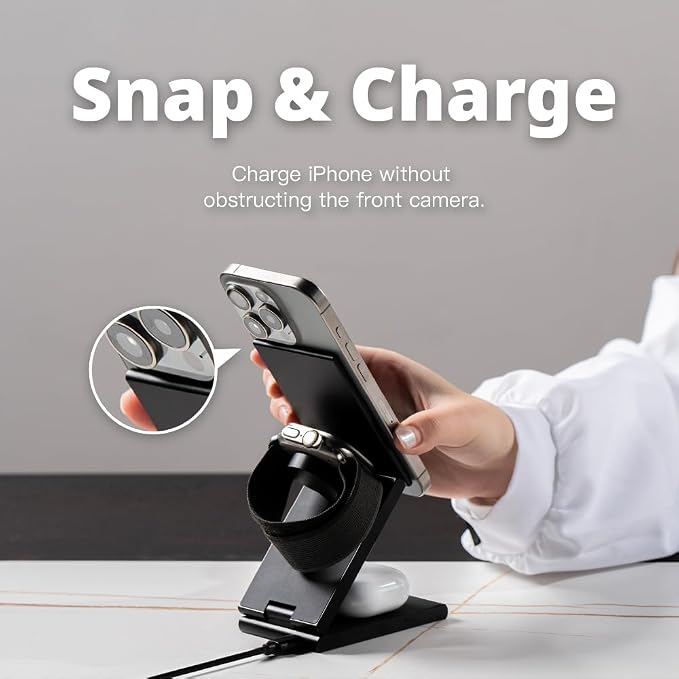 ADAM elements Mag Z 3-in-1 Foldable Travel Charging Station, Magnetic Wireless Charger for iPhone 17-12, Apple Watch, AirPods & Samsung Galaxy Watch, Compact Portable Stand for Desk & Travel (White)
