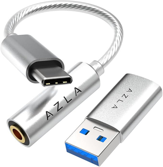 AZLA A100 Smart DAC – USB C to 3.5mm Audio Adapter, Aux to USB C Dongle for iPhone 16, Samsung Galaxy S23, Pixel, iPad Pro – USB-C to Headphone Jack Adapter with USB A Converter (Silver)