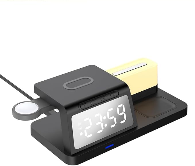 IHAO 6in1Digital Alarm Clock with Wireless Charging Station Night Light 15W Fast Charging for Qi Phone Headphone Bracket for iWatch Charger LED Display Dimmable Brightness-HT309 Black