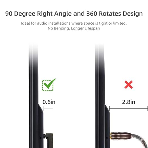 90 Degree Optical Audio Cable 12ft, Slim Digital Audio Optical Cable, SPDIF Cable, 360 Degree Right Angle Fiber Optic Toslink Cord for Sound Bar, TV, PS4, Xbox, Home Theater
