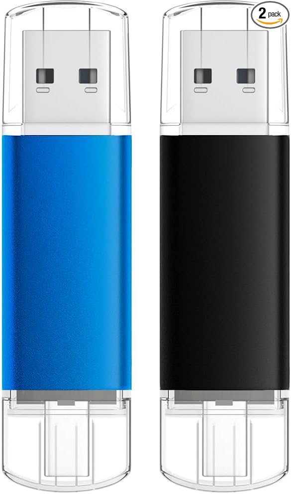 AreTop 4GB USB C Thumb Drive USB 2.0 Dual Flash Drive 2-in-1 Portable Type-C Memory Stick Compatible with iPhone 16/15, Android Smartphone, Computers, MacBook, Tablets, PC, 2 Pack, (Black & Blue)