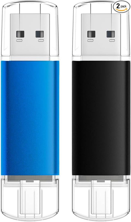 USB C Flash Drive 8GB 2 Pack, AreTop Type-C Flash Drive + USB 2.0 Thumb Drive OTG Memory Stick Compatible with iPhone 16/15, Android Smartphone/Tablets/Computers, 2 Pack, (Black & Blue)