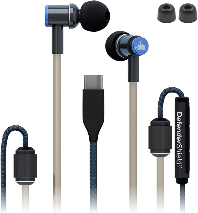 DefenderShield Air Tube Stereo Earbuds USB-C with Memory Foam Ear Tips - Universal Acoustic Wired Headphones with Mic & Volume Control