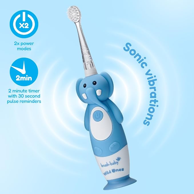 brush-baby WildOnes Kids Electric Rechargeable Toothbrush Elephant, 1 Handle, 3 Brush Heads, USB Charging Cable, for Ages 0-10 (Elephant)